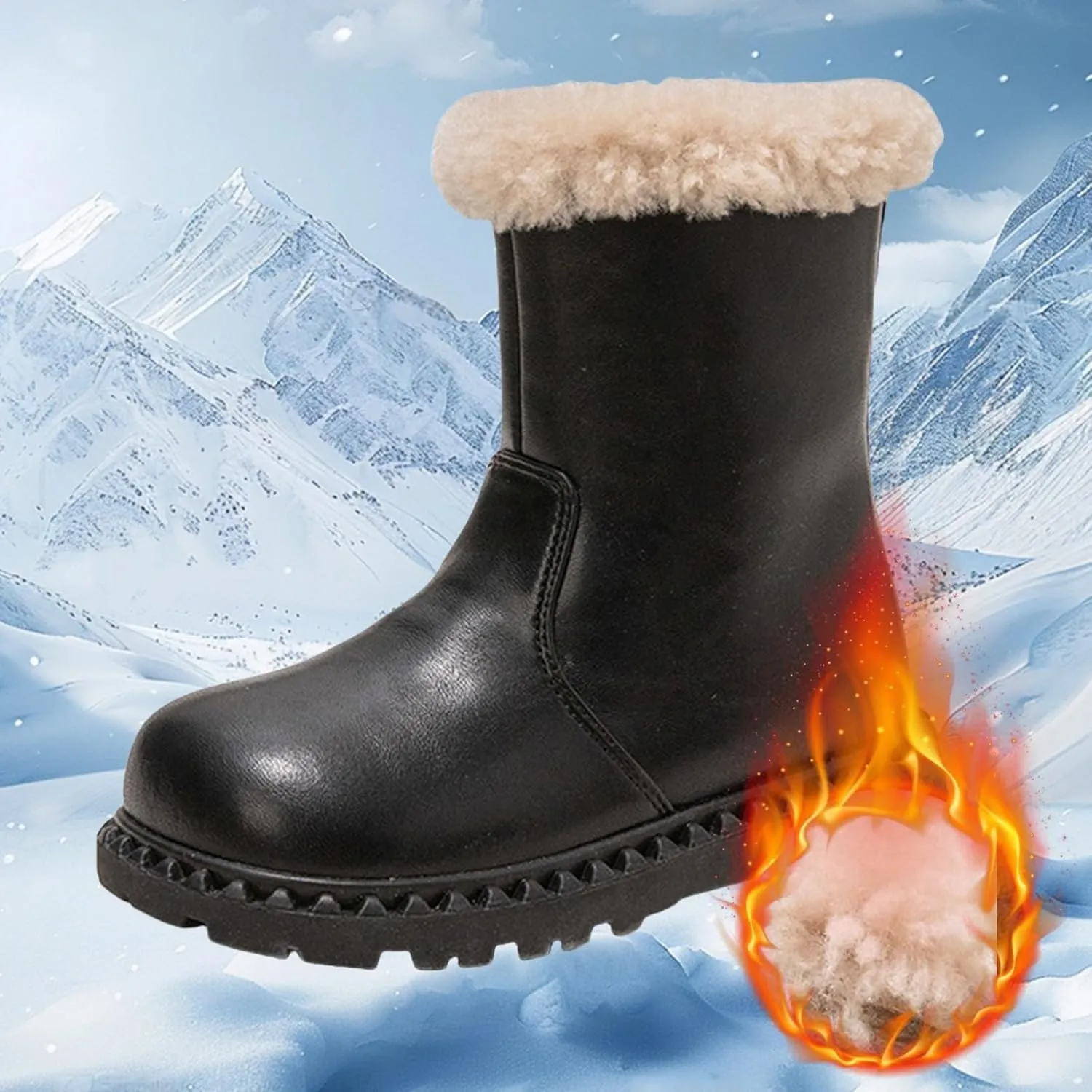 Kids Girls Faux Fr Leather Boots, Warm Winter Flat Bottom Non-Slip Fuzzy Mid Calf Snow Boots for Indoor Outdoor