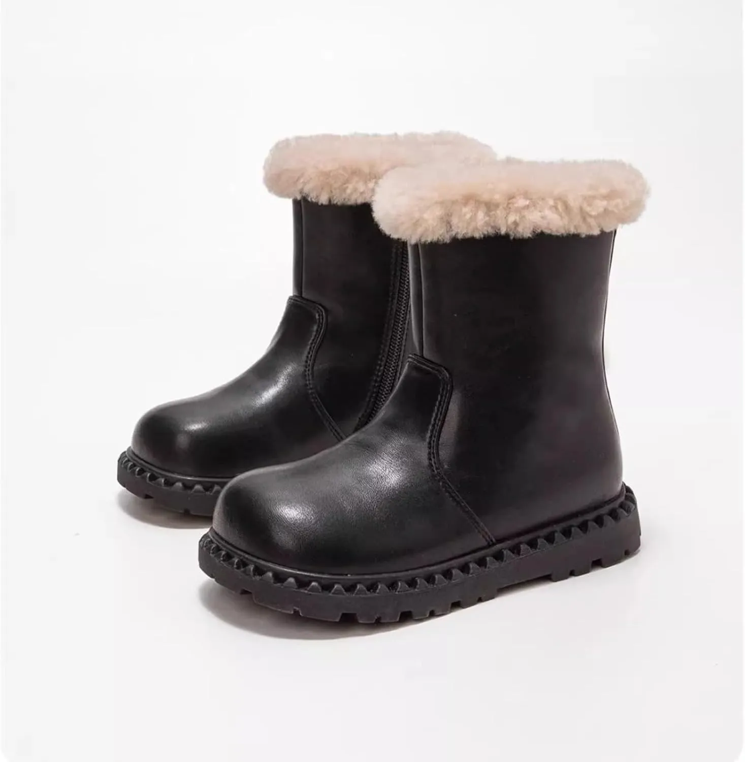 Kids Girls Faux Fr Leather Boots, Warm Winter Flat Bottom Non-Slip Fuzzy Mid Calf Snow Boots for Indoor Outdoor
