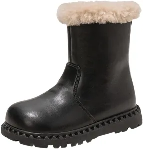 Kids Girls Faux Fr Leather Boots, Warm Winter Flat Bottom Non-Slip Fuzzy Mid Calf Snow Boots for Indoor Outdoor