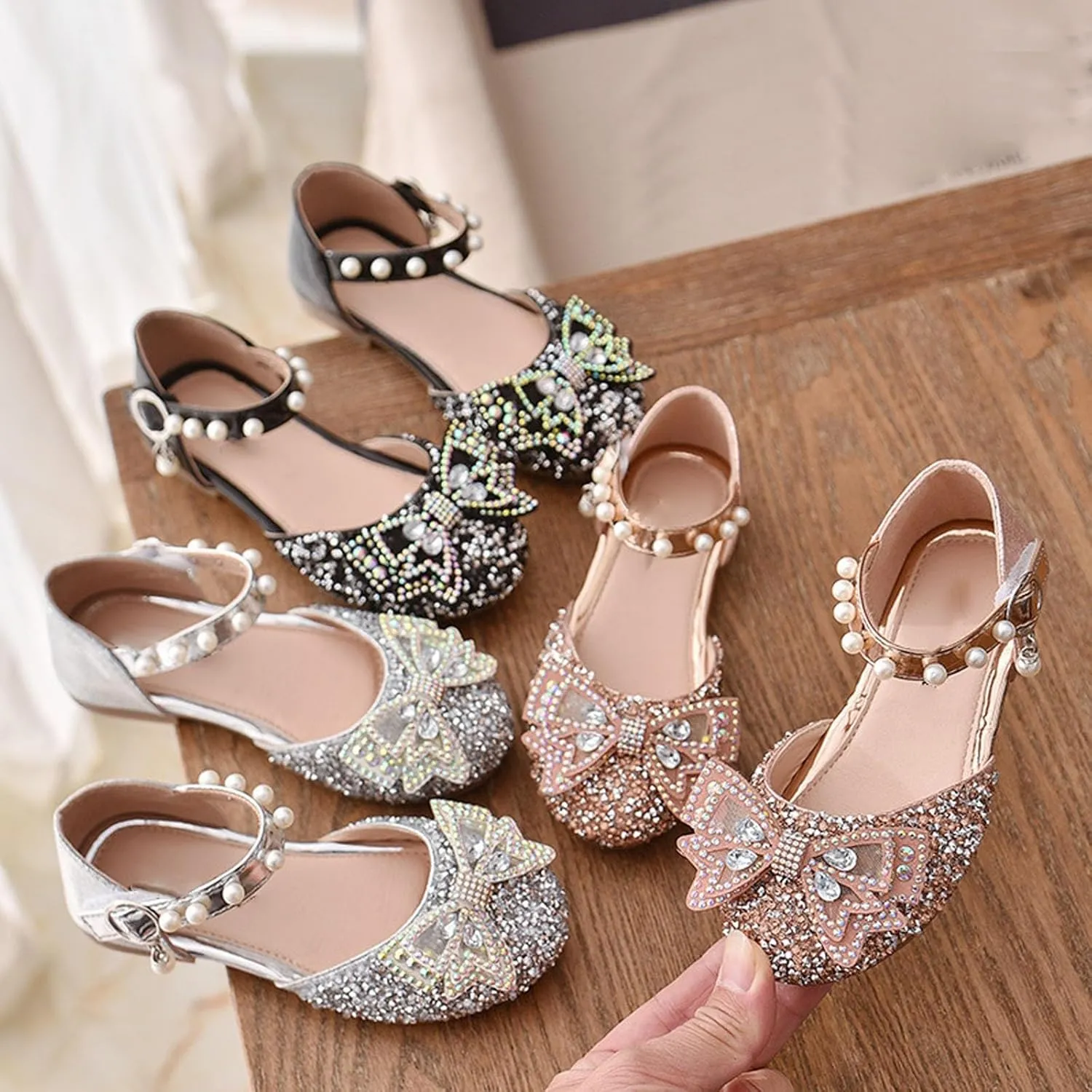 Kids Girls Mary Jane Ballerina Shoes 𝗥hinestones Bowknot Flower Girls Wedding Par𝘁y Pearl Strap Dress Shoes