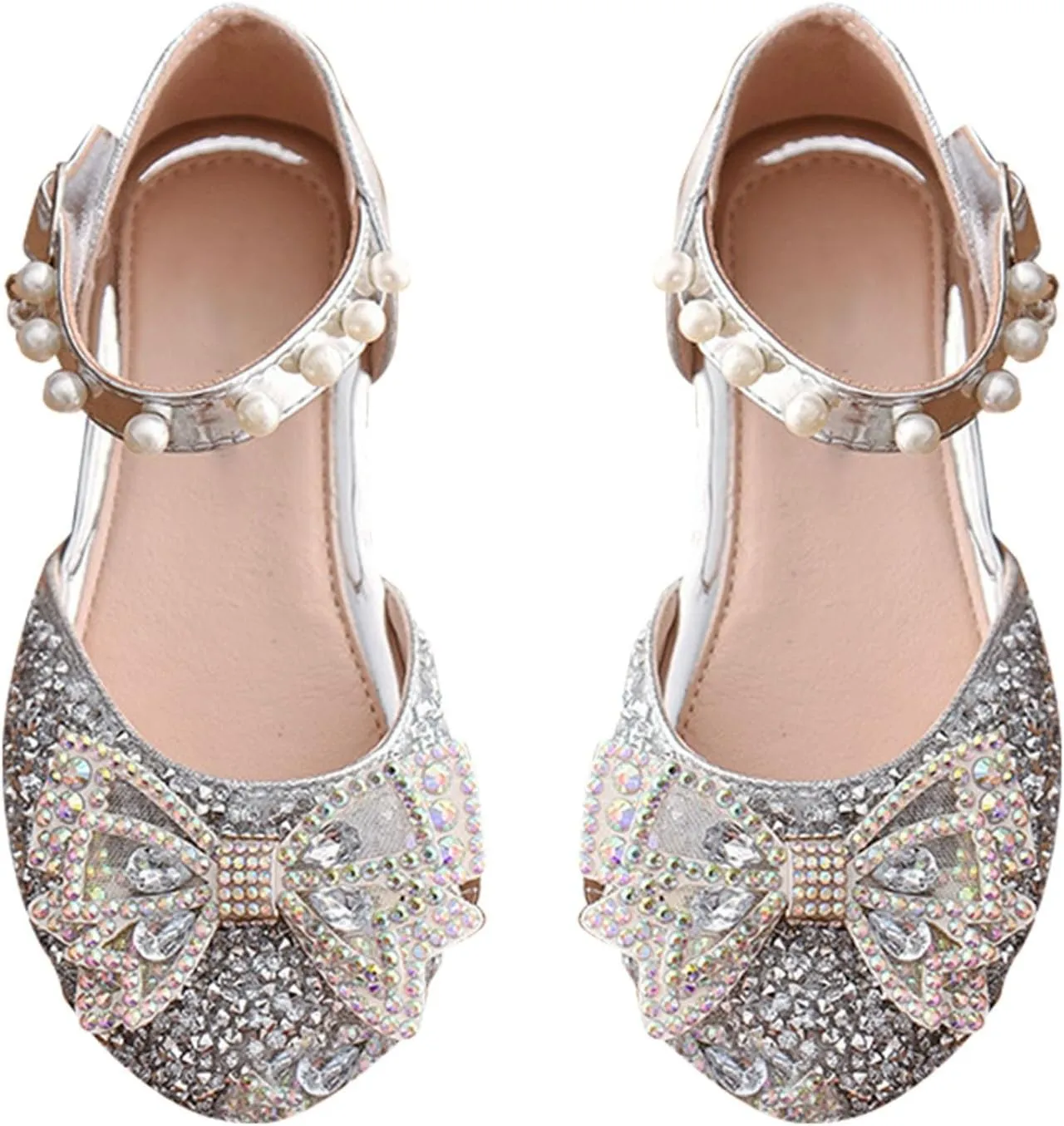 Kids Girls Mary Jane Ballerina Shoes 𝗥hinestones Bowknot Flower Girls Wedding Par𝘁y Pearl Strap Dress Shoes