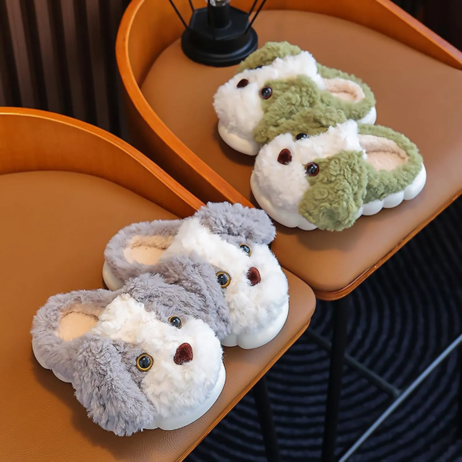 Kids Puppy Slippers Boys Girls Plush Non-Slip House Slippers Cute Cartoon Soft Wool Slip-On Shoes Indoor Wear
