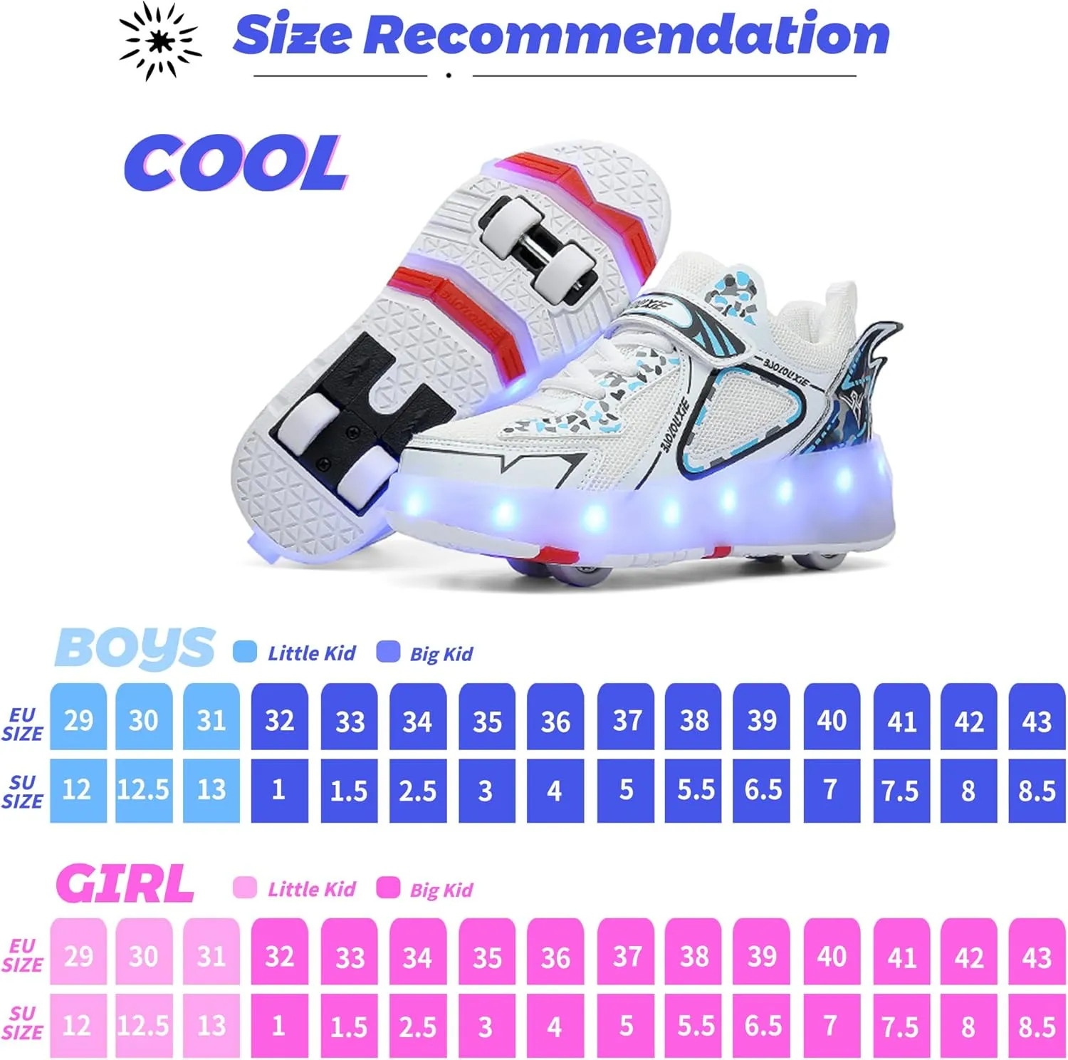 Kids Roller Skating Shoes LED Glow USB Charging Scalable Four Wheel Shoes Suitable for Roller Skating Beginner Boys Girls Birthday Gift
