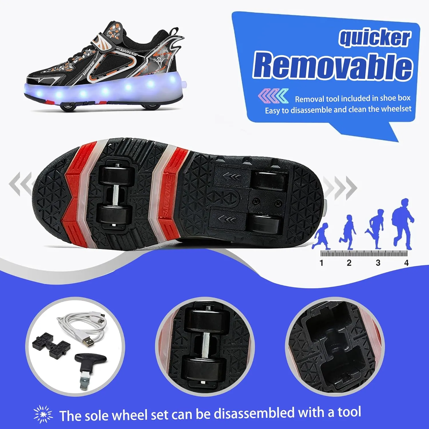 Kids Roller Skating Shoes LED Glow USB Charging Scalable Four Wheel Shoes Suitable for Roller Skating Beginner Boys Girls Birthday Gift