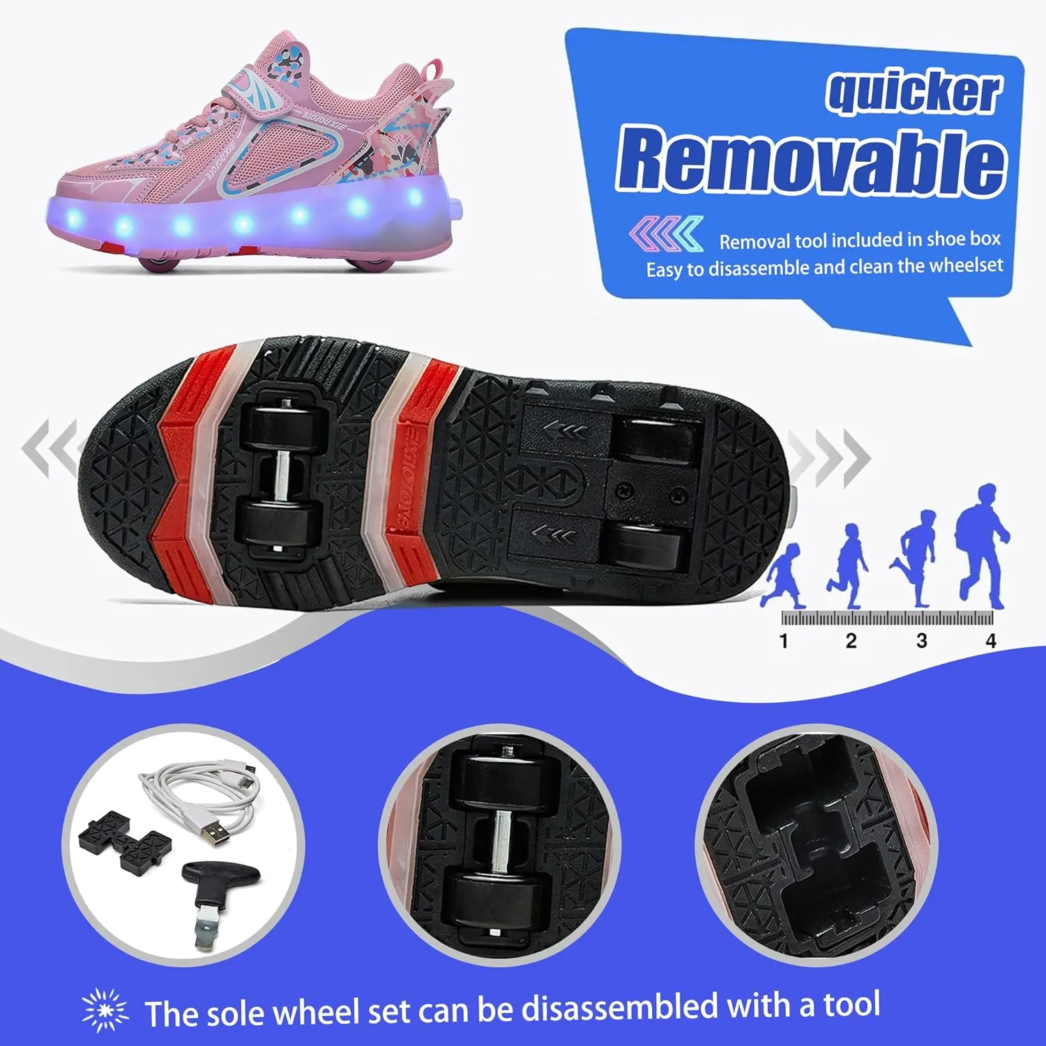 Kids Roller Skating Shoes LED Glow USB Charging Scalable Four Wheel Shoes Suitable for Roller Skating Beginner Boys Girls Birthday Gift