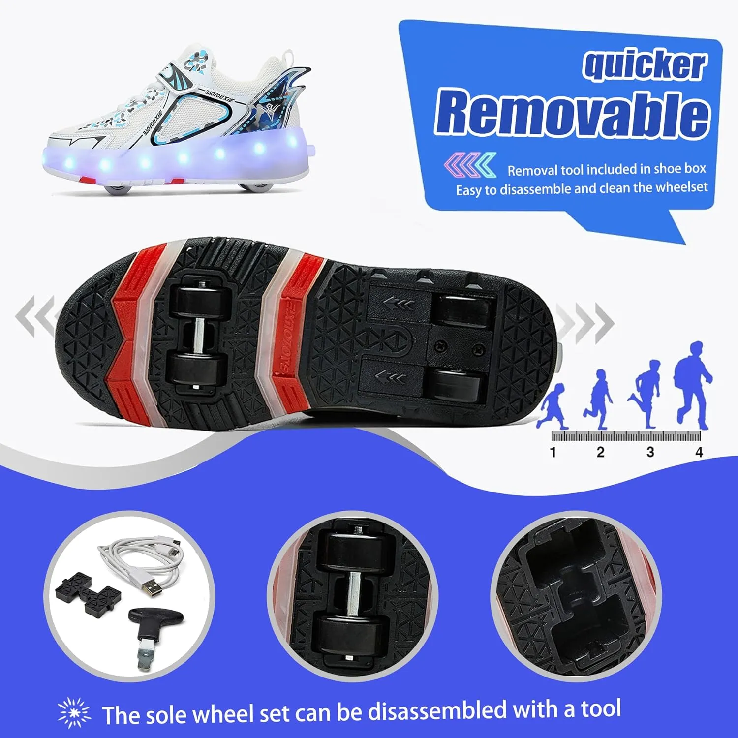 Kids Roller Skating Shoes LED Glow USB Charging Scalable Four Wheel Shoes Suitable for Roller Skating Beginner Boys Girls Birthday Gift