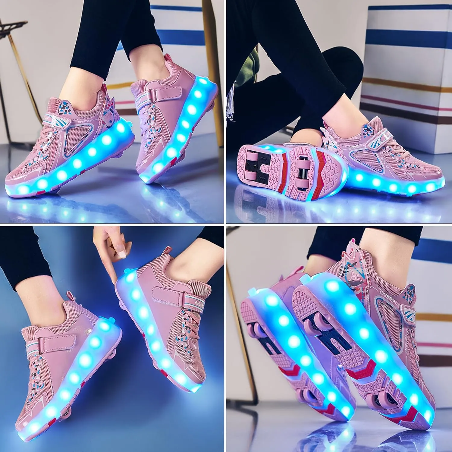 Kids Roller Skating Shoes LED Glow USB Charging Scalable Four Wheel Shoes Suitable for Roller Skating Beginner Boys Girls Birthday Gift