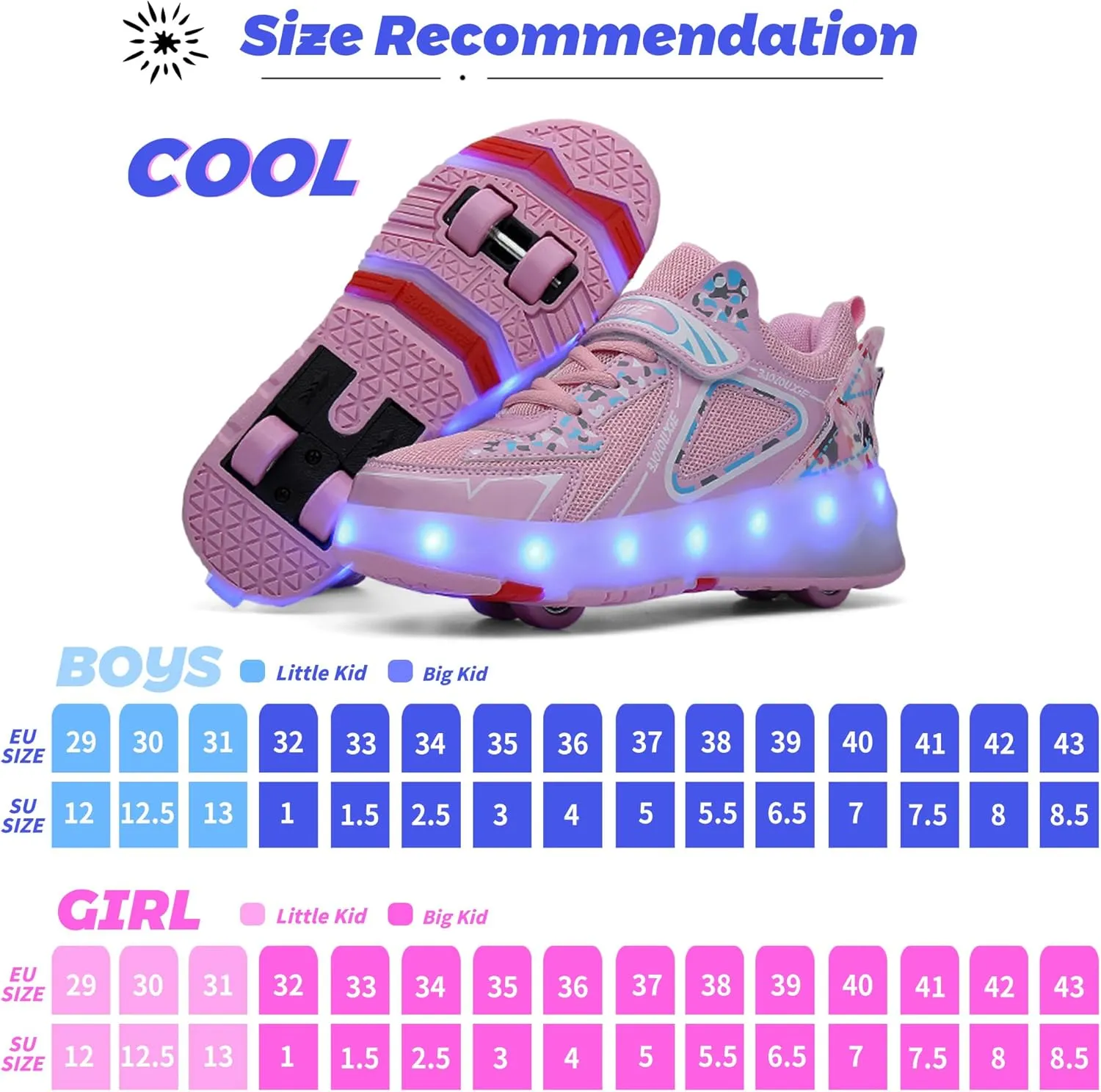 Kids Roller Skating Shoes LED Glow USB Charging Scalable Four Wheel Shoes Suitable for Roller Skating Beginner Boys Girls Birthday Gift