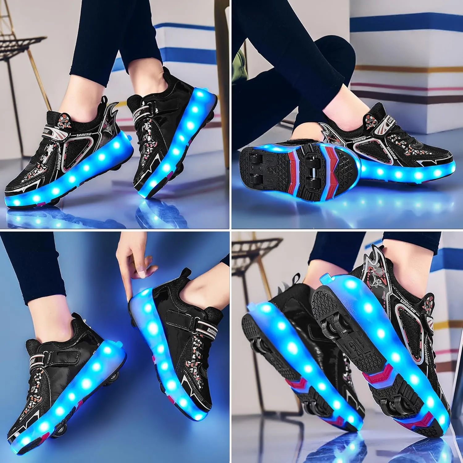 Kids Roller Skating Shoes LED Glow USB Charging Scalable Four Wheel Shoes Suitable for Roller Skating Beginner Boys Girls Birthday Gift