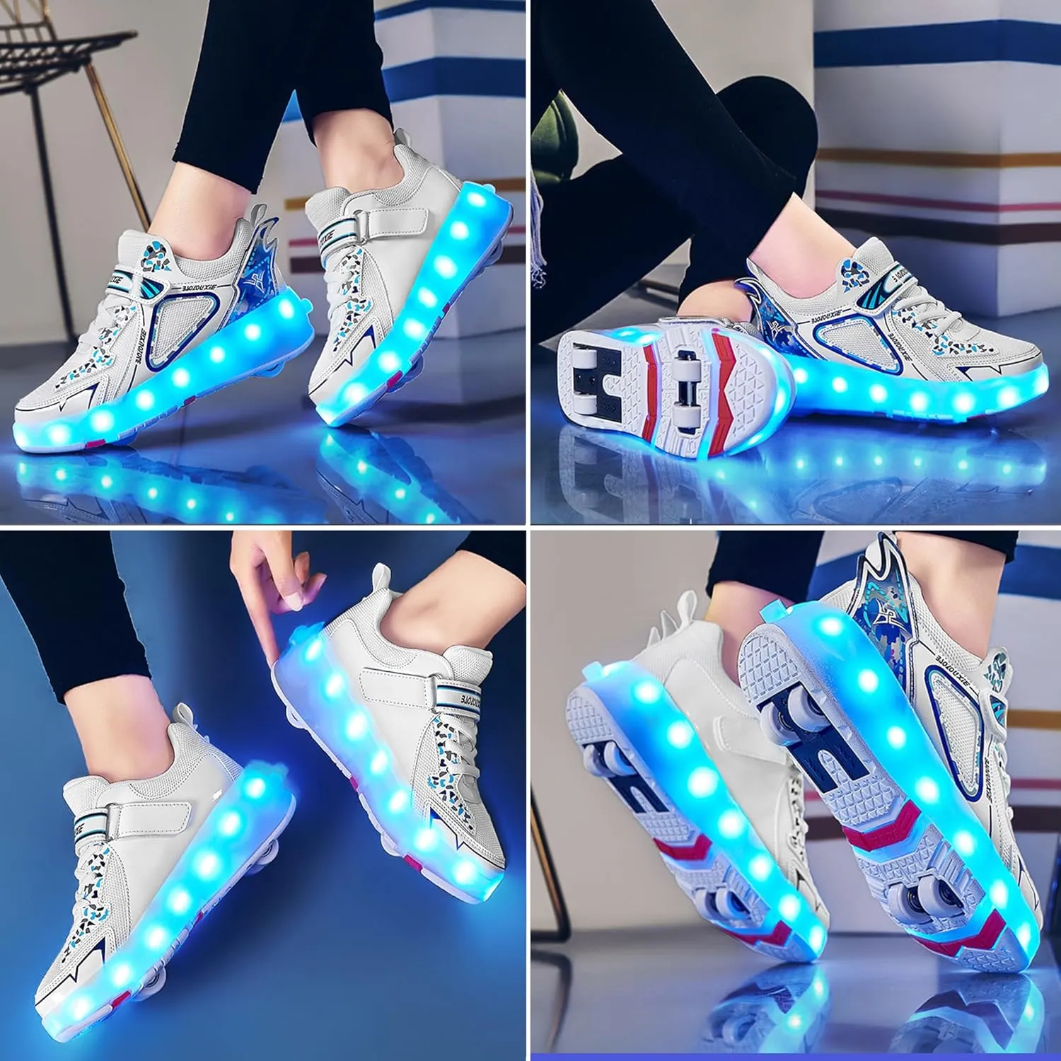 Kids Roller Skating Shoes LED Glow USB Charging Scalable Four Wheel Shoes Suitable for Roller Skating Beginner Boys Girls Birthday Gift