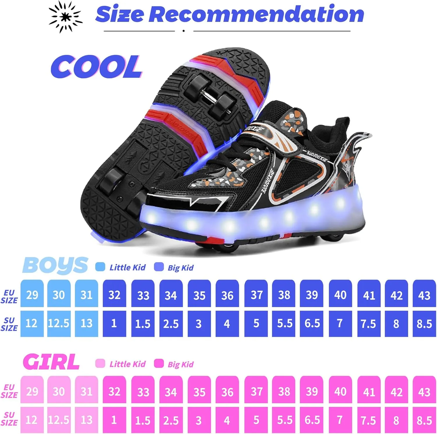Kids Roller Skating Shoes LED Glow USB Charging Scalable Four Wheel Shoes Suitable for Roller Skating Beginner Boys Girls Birthday Gift
