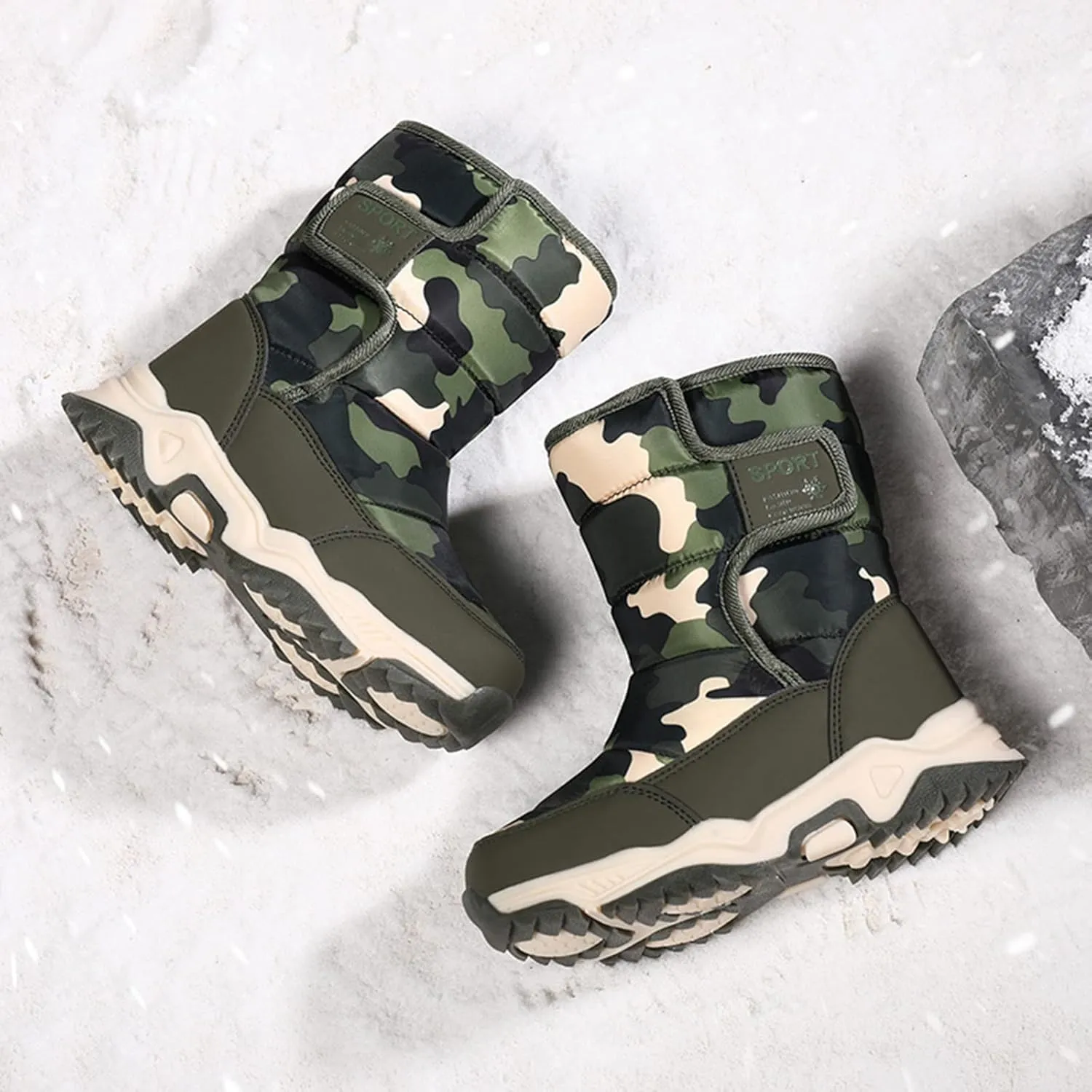 Kids Winter Shoes Camouflage Snow Boots Girls Boys Outdoor Boots Waterproof Warm Boots Faux Plush Lined Snow Boots (CE2, 6-7 Years Little Child)
