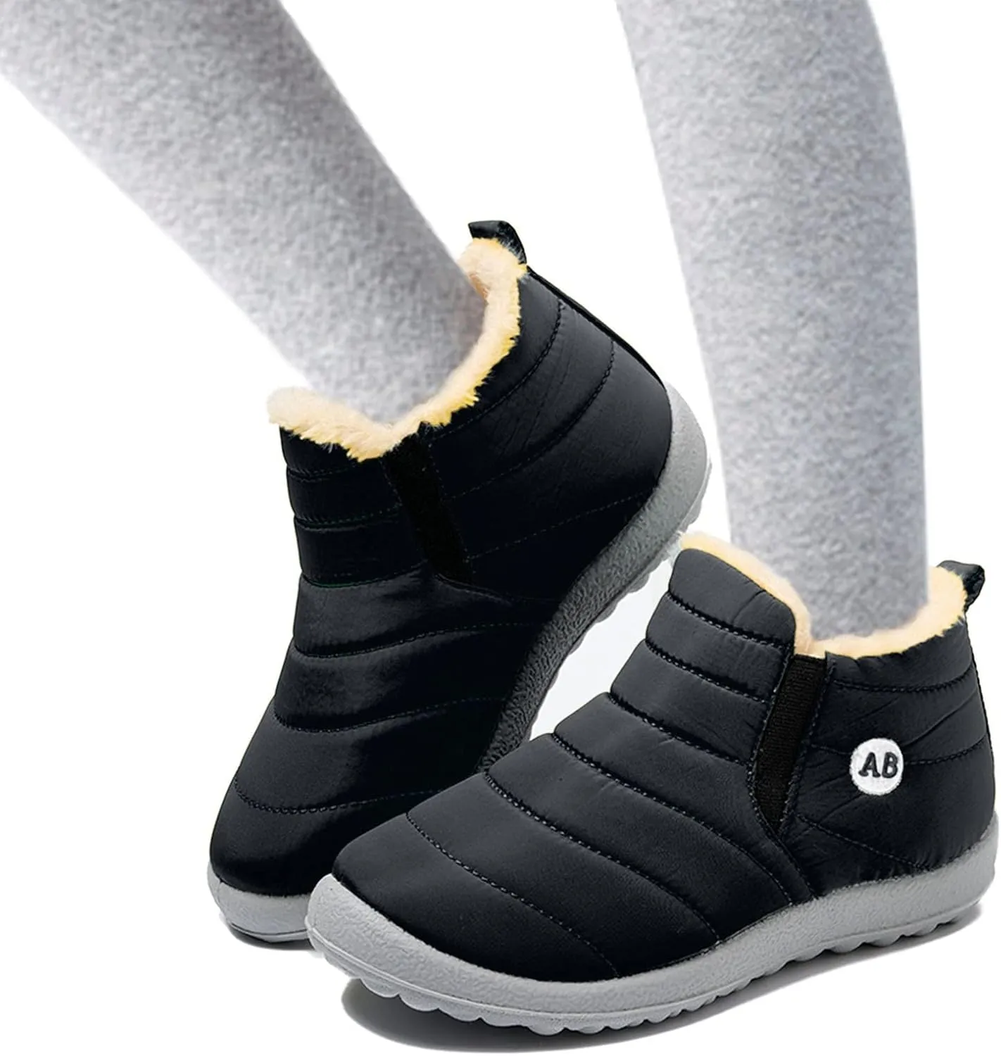 Kids Winter Snow Boots Plush Lined Warm Ankle Boots Slip On Waterproof Outdoor Booties Comfortable Shoes for Childrens (Black, 35)