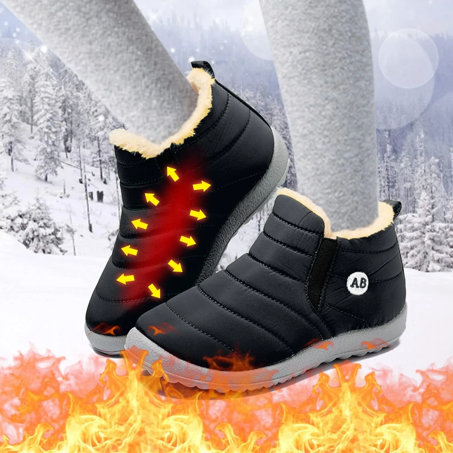 Kids Winter Snow Boots Plush Lined Warm Ankle Boots Slip On Waterproof Outdoor Booties Comfortable Shoes for Childrens (Black, 35)