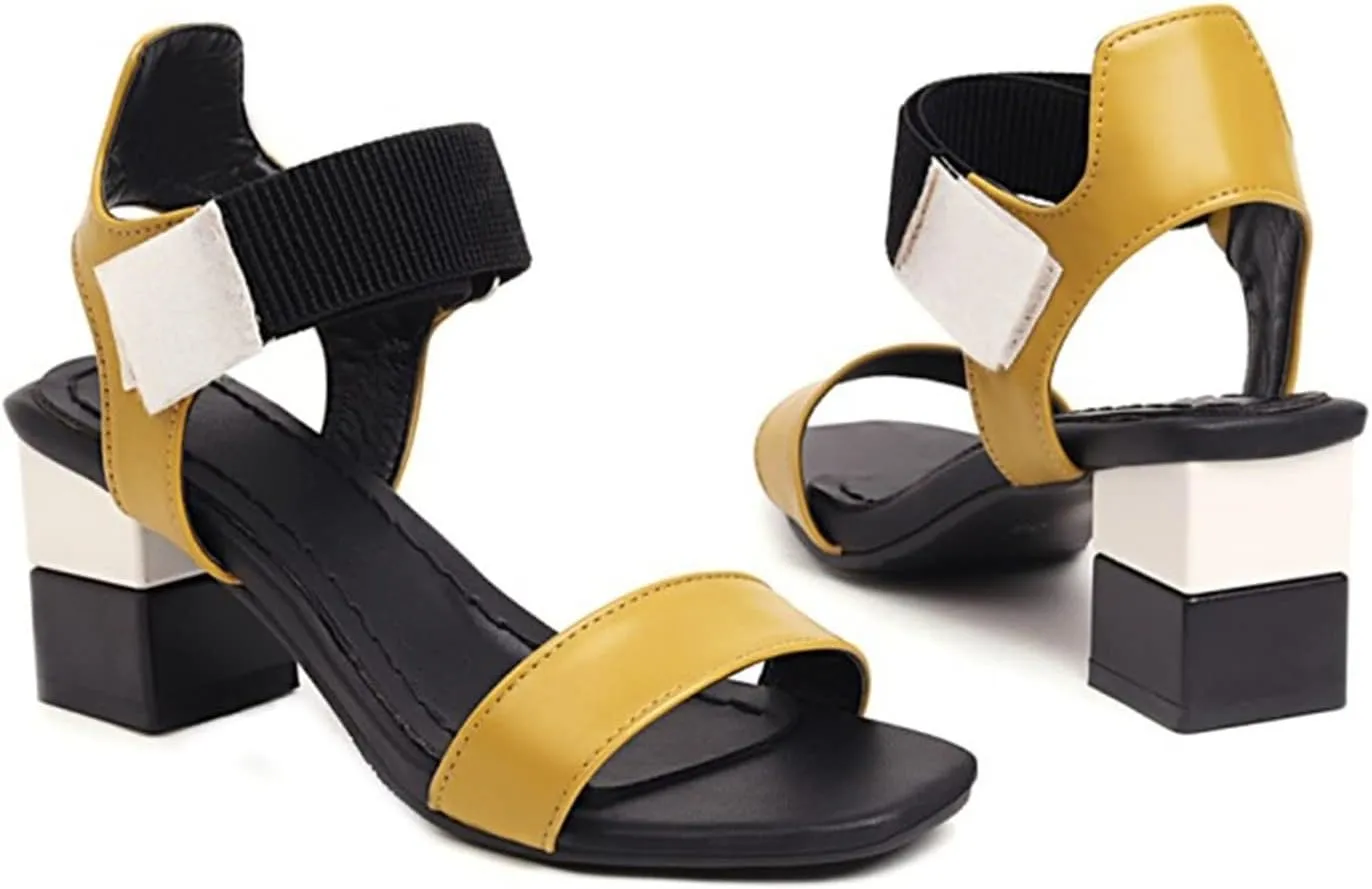 Ladies Fashion Blocking Leather Open Toe Hook Loop Thick High Heeled Sandals Thong Sandals for Women Sling Back Shoes