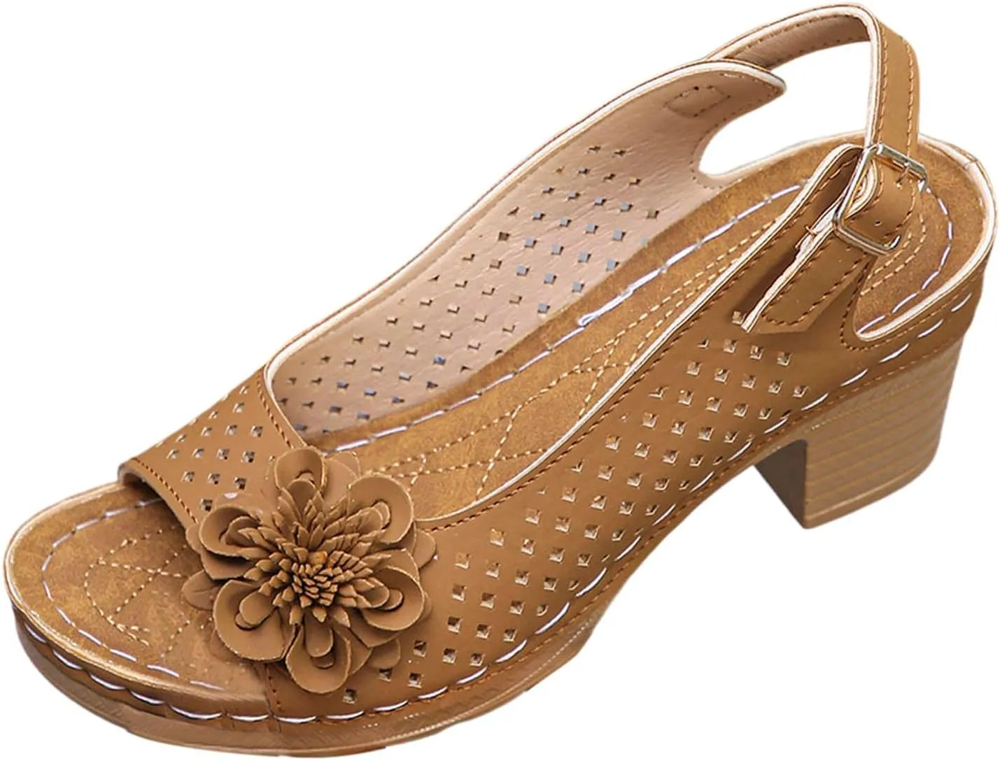 Ladies Orthopedic Sandals Slides Non Slip Beach Sandals Trendy Elegant Flowers Decor Hollow Out Low Heel Sandal with Adjustable Buckle Straps