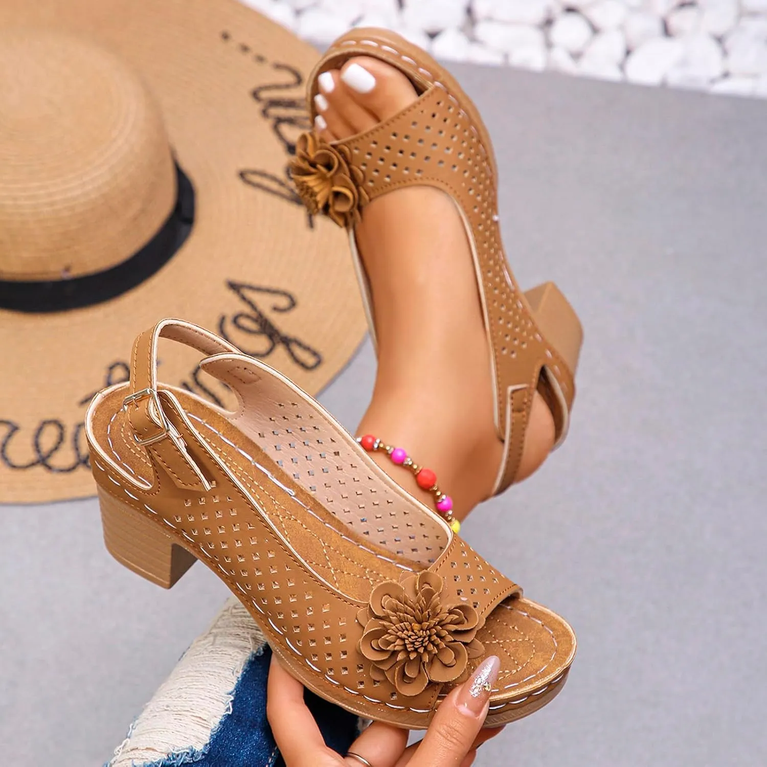 Ladies Orthopedic Sandals Slides Non Slip Beach Sandals Trendy Elegant Flowers Decor Hollow Out Low Heel Sandal with Adjustable Buckle Straps