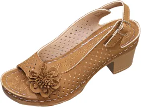 Ladies Orthopedic Sandals Slides Non Slip Beach Sandals Trendy Elegant Flowers Decor Hollow Out Low Heel Sandal with Adjustable Buckle Straps