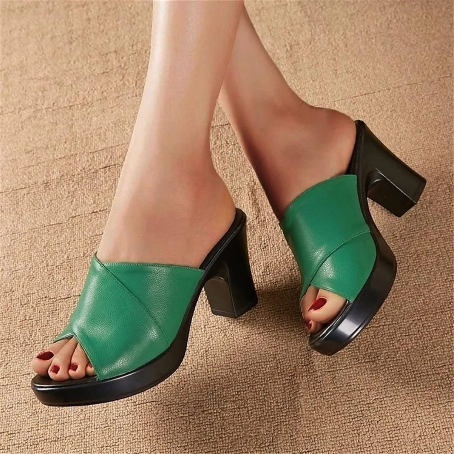 Ladies Summer Fashion Thick Heel High Heel Solid Colour Slip Outside Wear Open Toe Large Size Cute Bow Sandals for Women