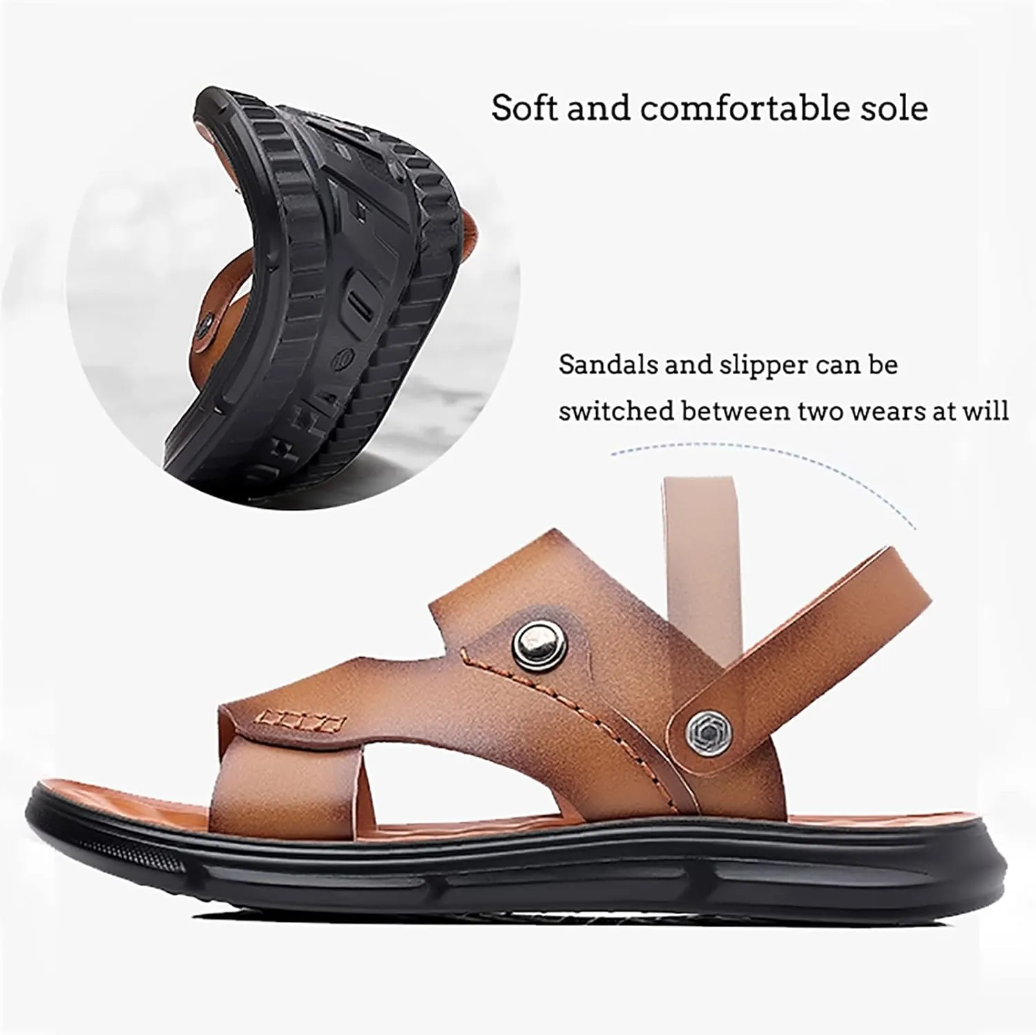 Leather Mens Sandals with Memory Foam Adjustable Summer Fisherman Shoes with Arch Support Breathable Hiking Water Beach Sport Outdoor Athletic Soft Cushion Sole Summer Sandals for Men Daily Wear