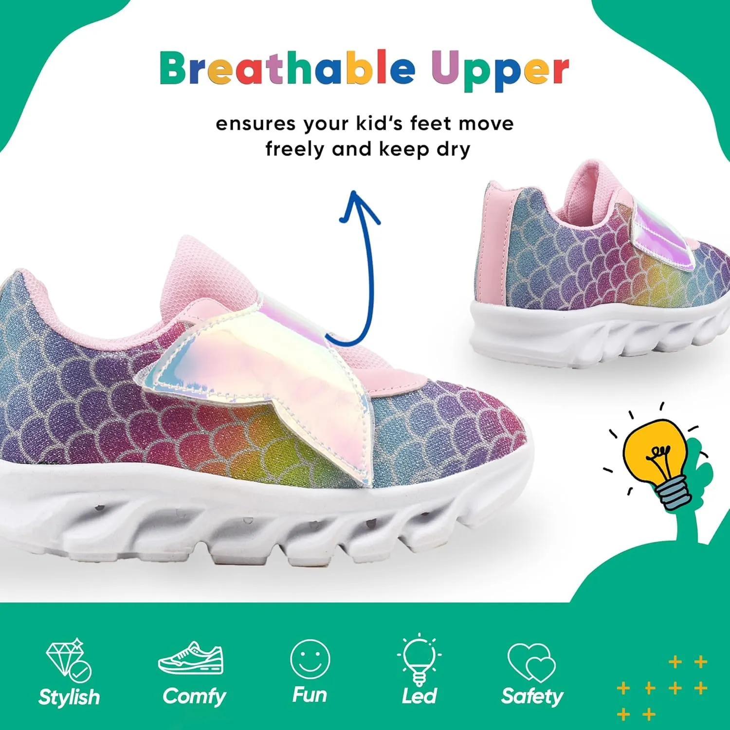 Light - Light Up Toddler Shoes Mermaid Character - LED Toddler Tennis Shoes Girl, Easy to Put On, Kids Sneakers Girls, Laceless