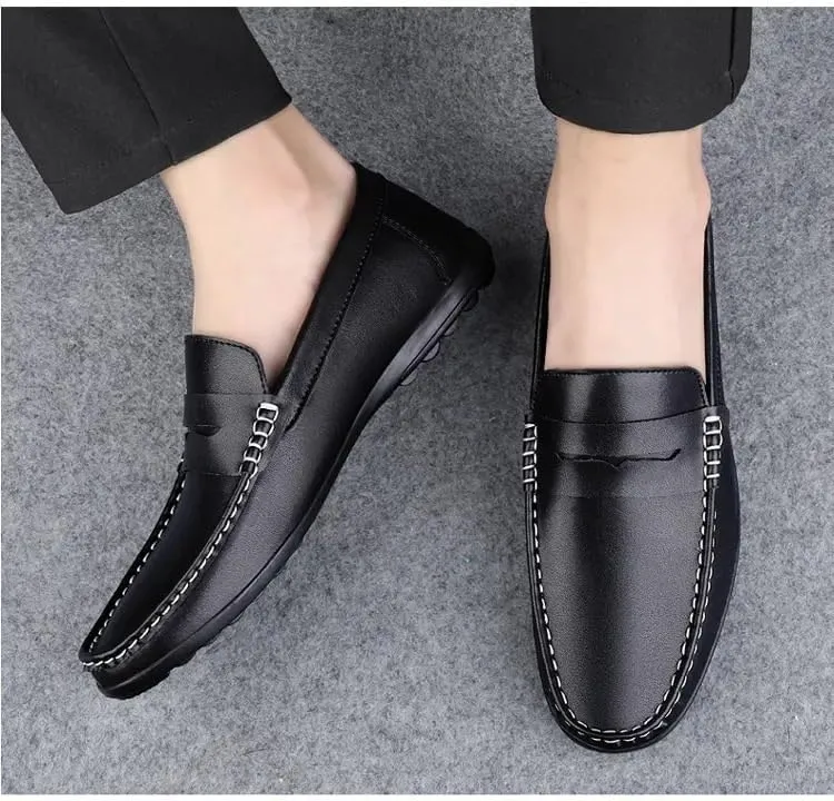 Luxury Classic Italian Style Men's Black Loafers Cow Genuine Leather Slip-on Round Toe Business Office Dress Shoes for Men