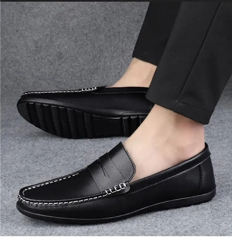Luxury Classic Italian Style Men's Black Loafers Cow Genuine Leather Slip-on Round Toe Business Office Dress Shoes for Men