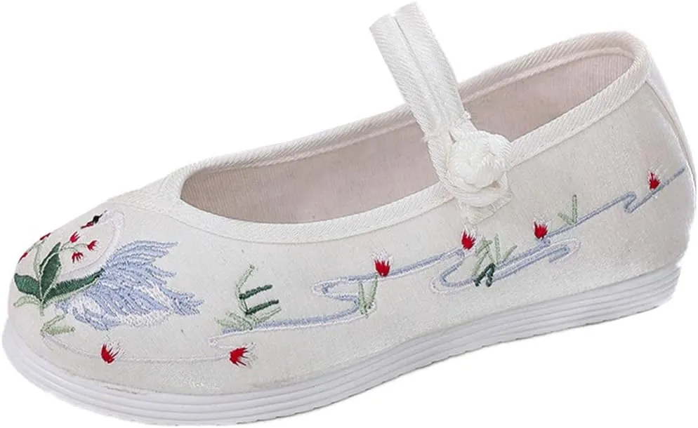 Matari Girl's Flat Bottom Embroidered Shoes Antique Style Shoes Comfortable Cloth Shoes (White, Numeric_13)