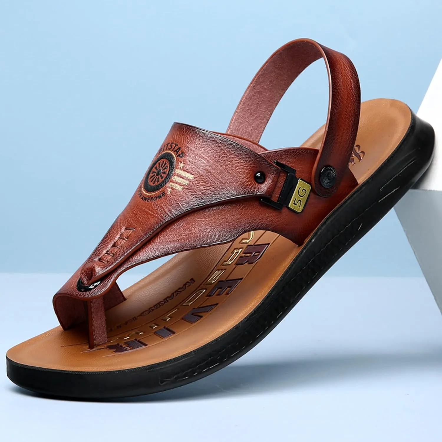 Men Slip On Sandals Leather Men's Sandals Thong Sandal Beach Flip Flops Open Toed Non Slip Beach Shoes Strap Sandal Men