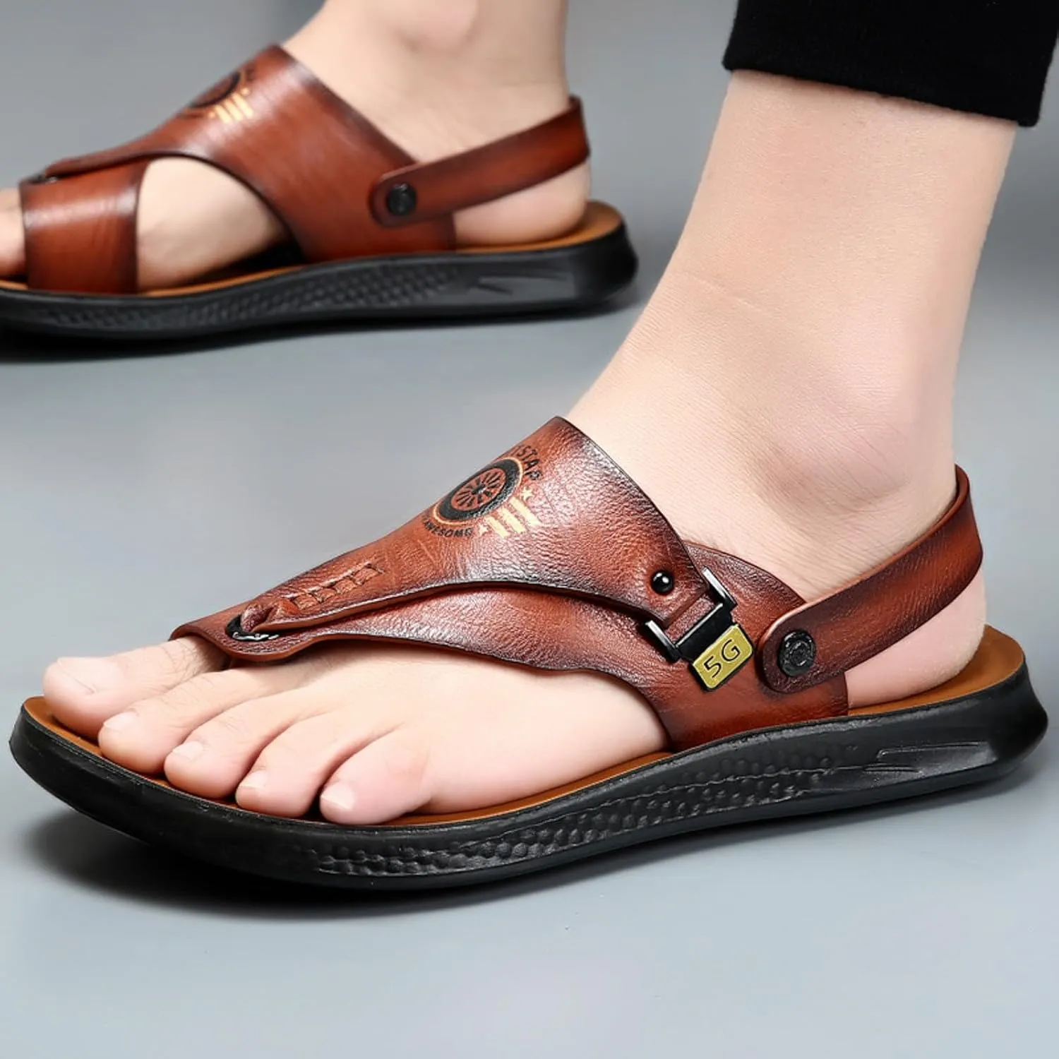 Men Slip On Sandals Leather Men's Sandals Thong Sandal Beach Flip Flops Open Toed Non Slip Beach Shoes Strap Sandal Men