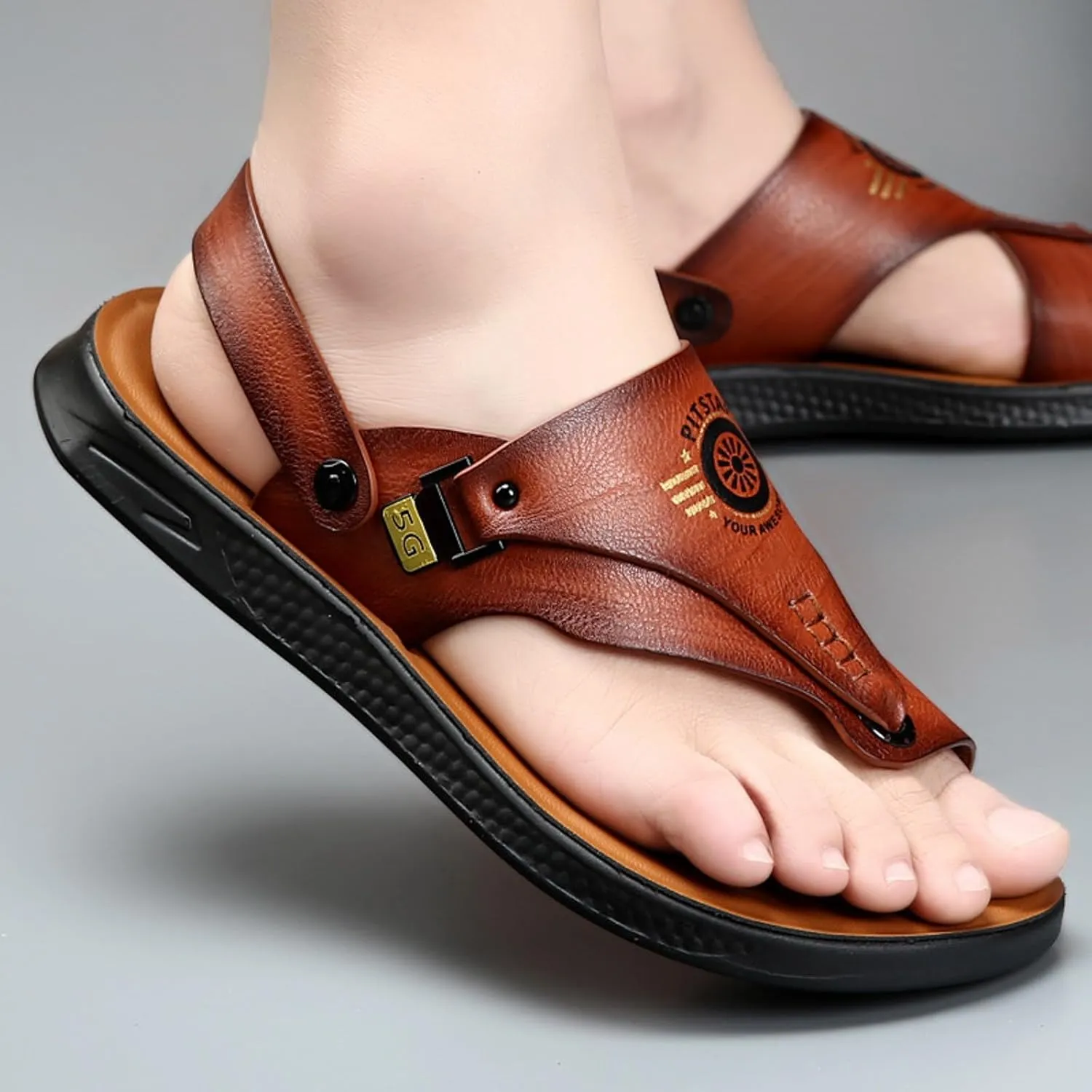 Men Slip On Sandals Leather Men's Sandals Thong Sandal Beach Flip Flops Open Toed Non Slip Beach Shoes Strap Sandal Men