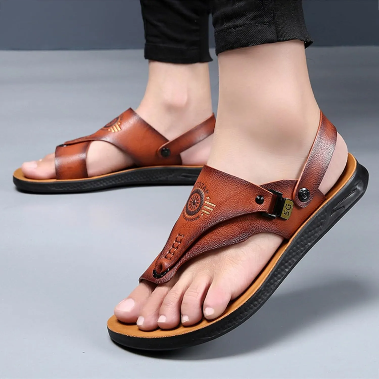 Men Slip On Sandals Leather Men's Sandals Thong Sandal Beach Flip Flops Open Toed Non Slip Beach Shoes Strap Sandal Men