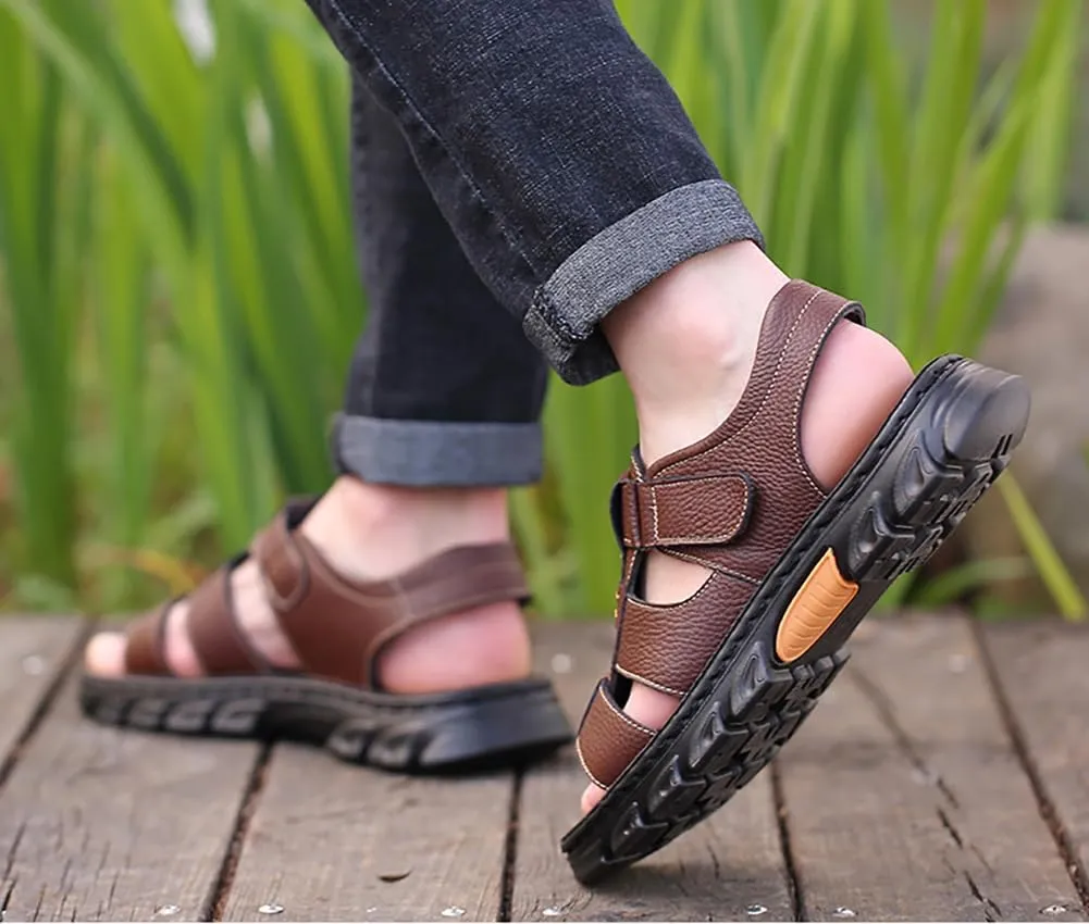 Mens Athletic Sandals Outdoor Hiking Fisherman Sandals Leather Open Toe Sandals With Arch Support Beach Water Sport Sandals