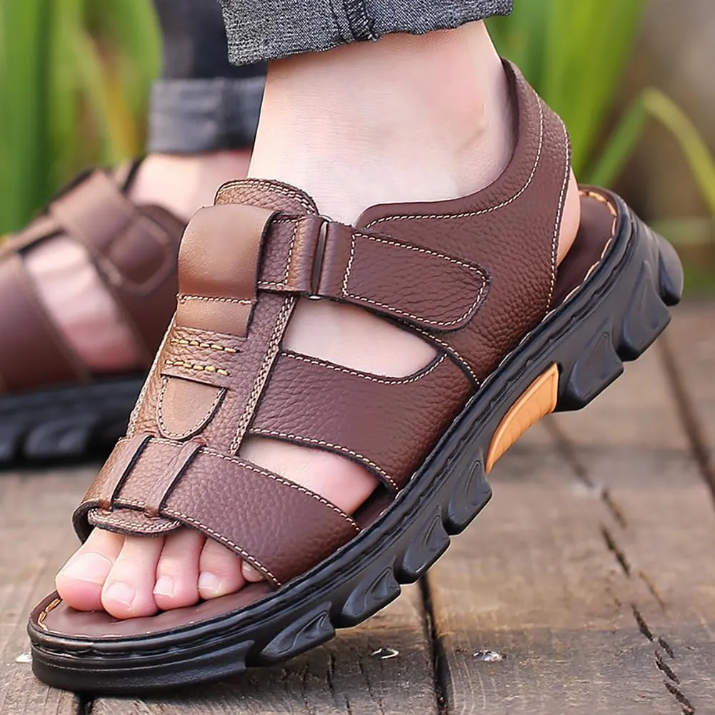 Mens Athletic Sandals Outdoor Hiking Fisherman Sandals Leather Open Toe Sandals With Arch Support Beach Water Sport Sandals