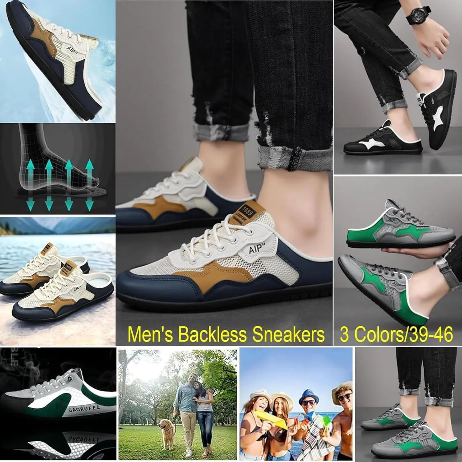 Men's Backless Sneakers Slip-On Trainers Ultra-Soft Breathable Mesh Mule Shoes for Men Lightweight Casual Sports Slippers Low-Top Walking Outdoor Hiking Shoes
