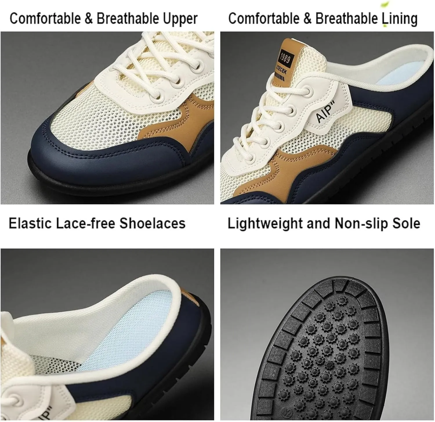 Men's Backless Sneakers Slip-On Trainers Ultra-Soft Breathable Mesh Mule Shoes for Men Lightweight Casual Sports Slippers Low-Top Walking Outdoor Hiking Shoes