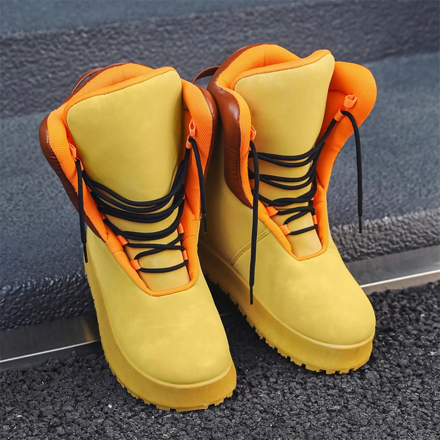Men's Big Yellow Boots - Casual Snow Boots - Black Leather Lace-Up Platform Round Toe Boots - Winter