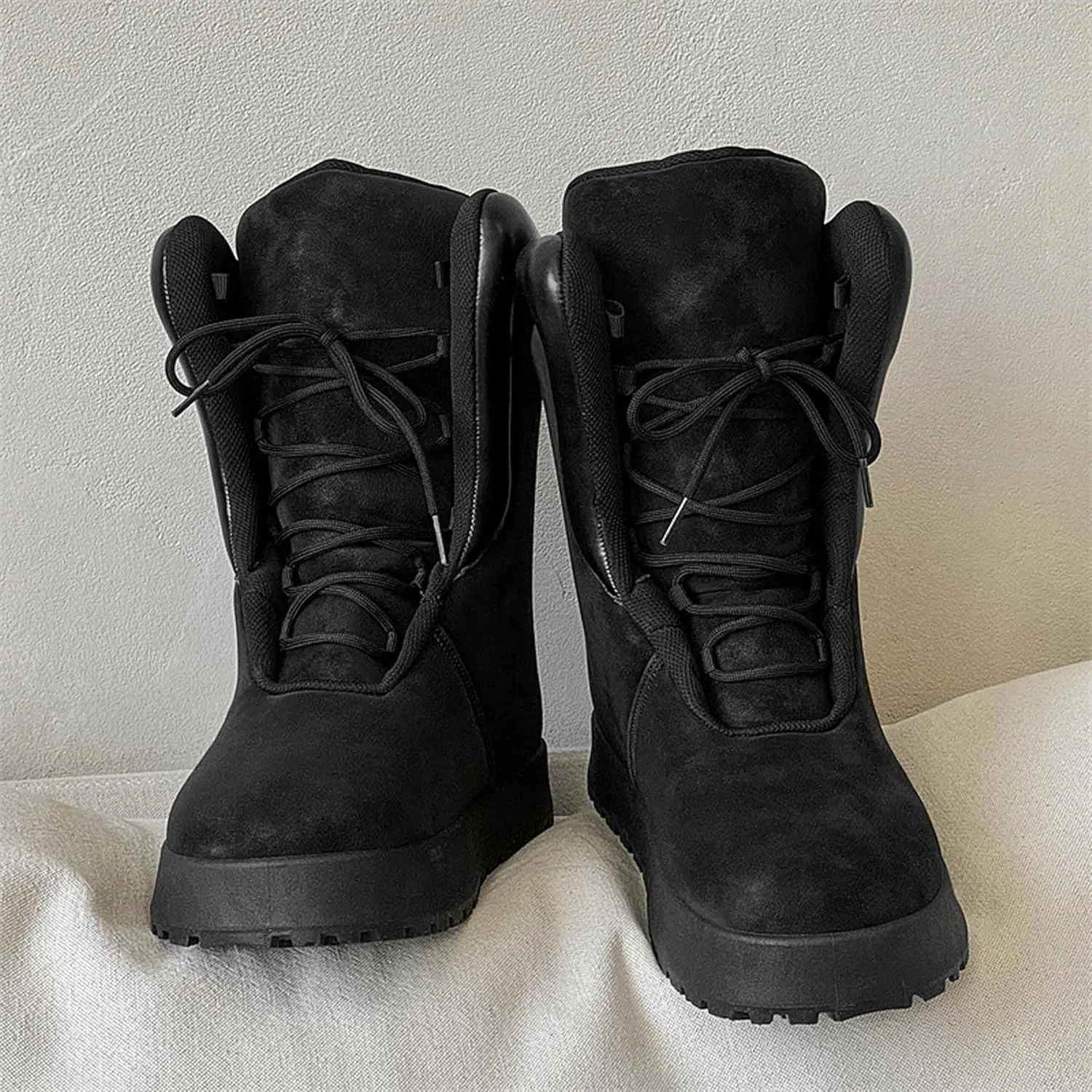 Men's Big Yellow Boots - Casual Snow Boots - Black Leather Lace-Up Platform Round Toe Boots - Winter