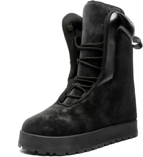 Men's Big Yellow Boots - Casual Snow Boots - Black Leather Lace-Up Platform Round Toe Boots - Winter