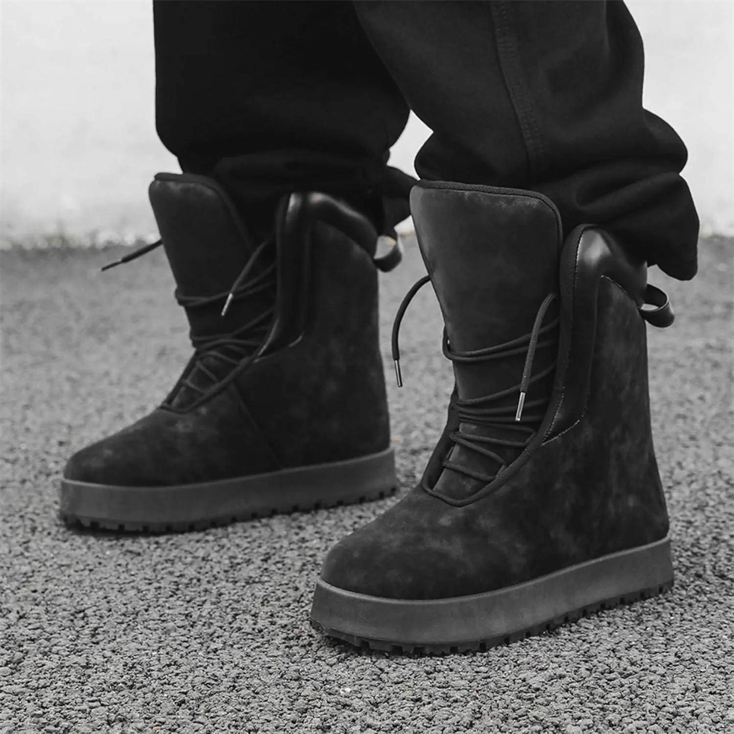Men's Big Yellow Boots - Casual Snow Boots - Black Leather Lace-Up Platform Round Toe Boots - Winter