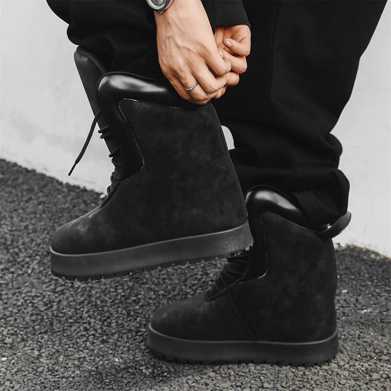 Men's Big Yellow Boots - Casual Snow Boots - Black Leather Lace-Up Platform Round Toe Boots - Winter