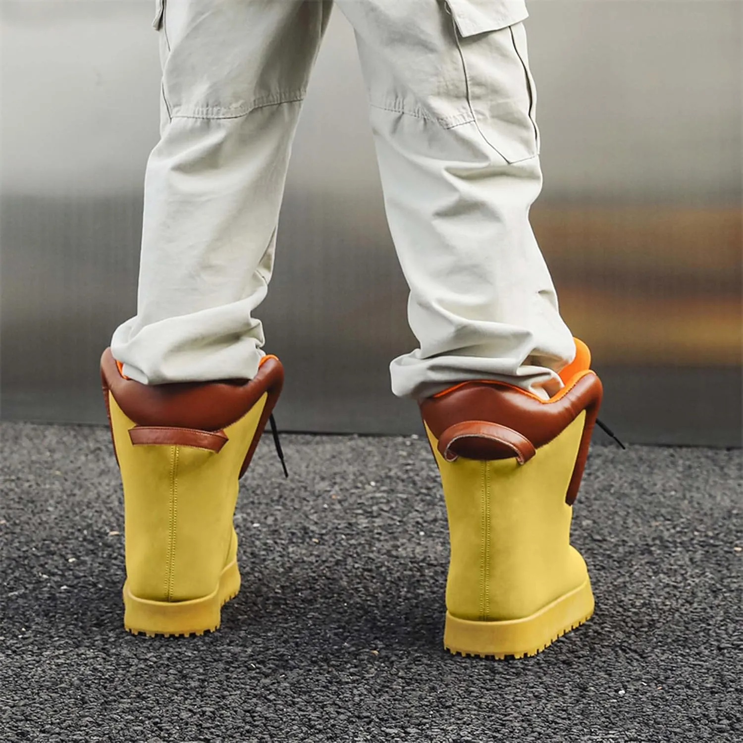 Men's Big Yellow Boots - Casual Snow Boots - Black Leather Lace-Up Platform Round Toe Boots - Winter
