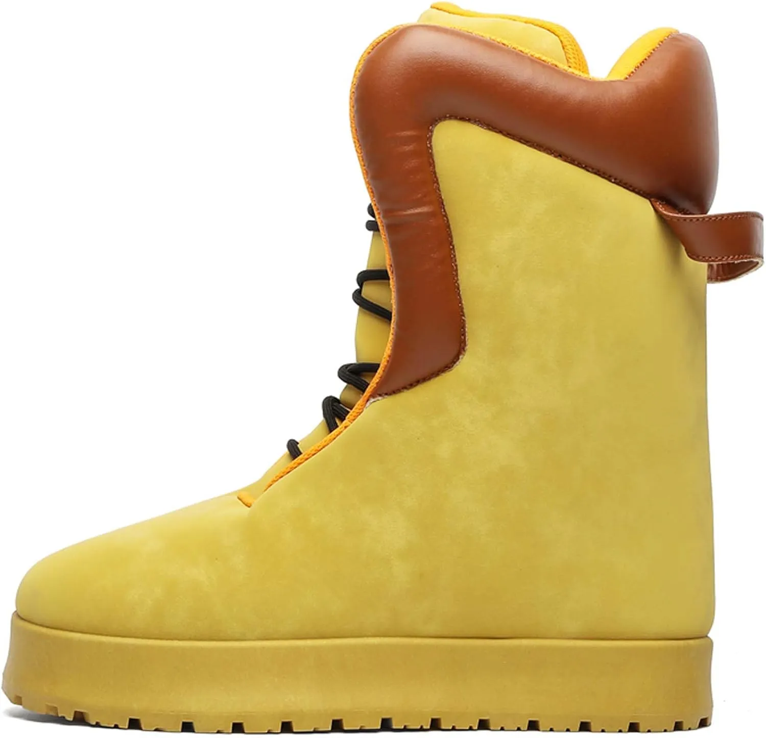 Men's Big Yellow Boots - Casual Snow Boots - Black Leather Lace-Up Platform Round Toe Boots - Winter