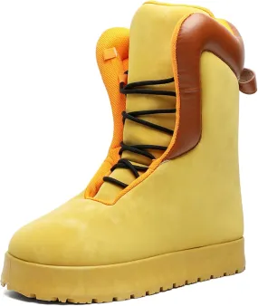 Men's Big Yellow Boots - Casual Snow Boots - Black Leather Lace-Up Platform Round Toe Boots - Winter
