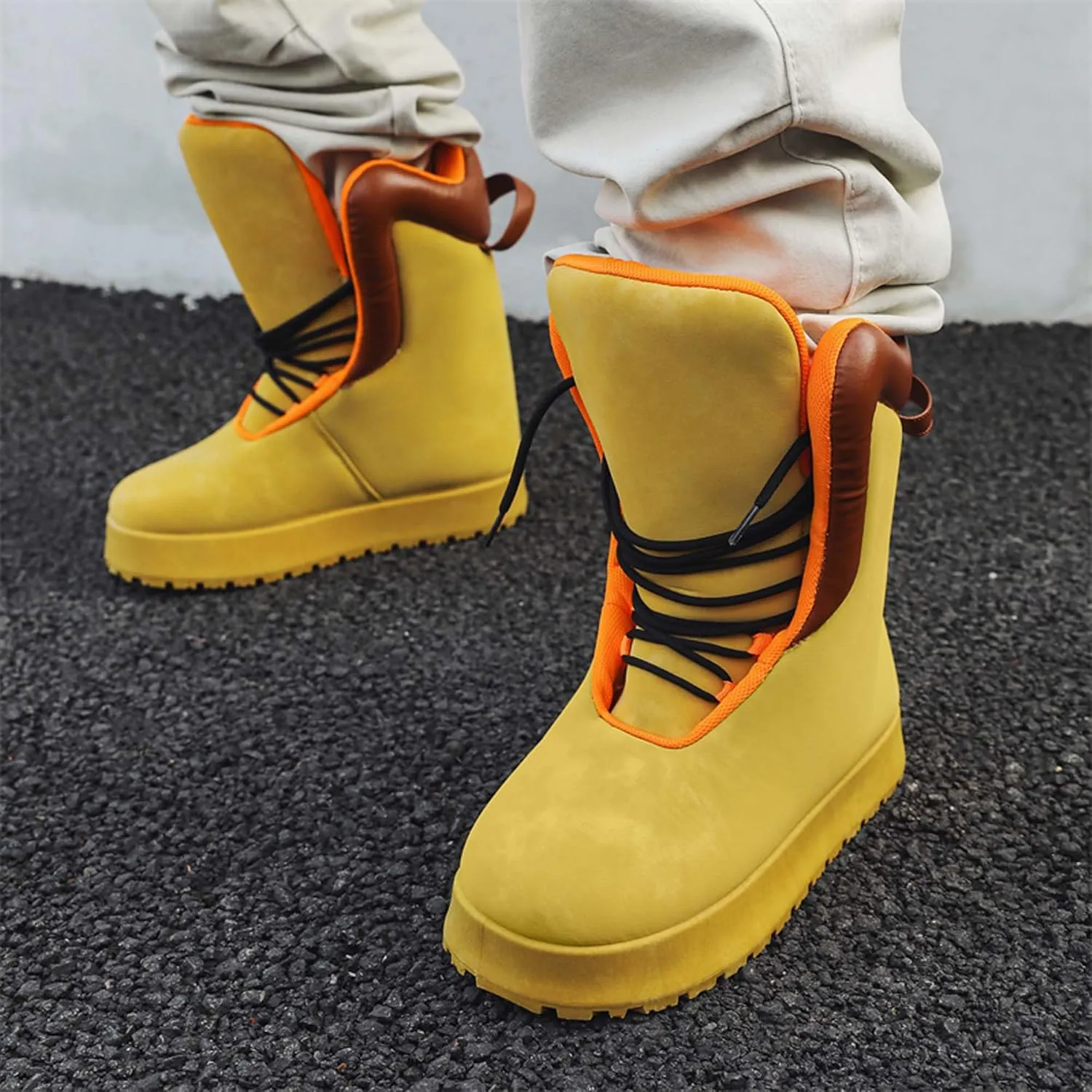 Men's Big Yellow Boots - Casual Snow Boots - Black Leather Lace-Up Platform Round Toe Boots - Winter