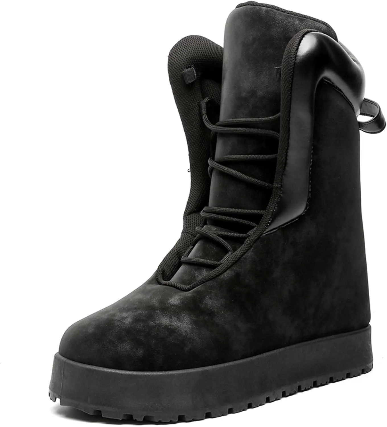 Men's Big Yellow Boots - Casual Snow Boots - Black Leather Lace-Up Platform Round Toe Boots - Winter