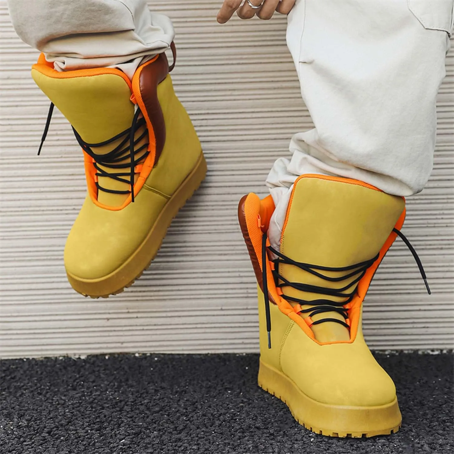 Men's Big Yellow Boots - Casual Snow Boots - Black Leather Lace-Up Platform Round Toe Boots - Winter