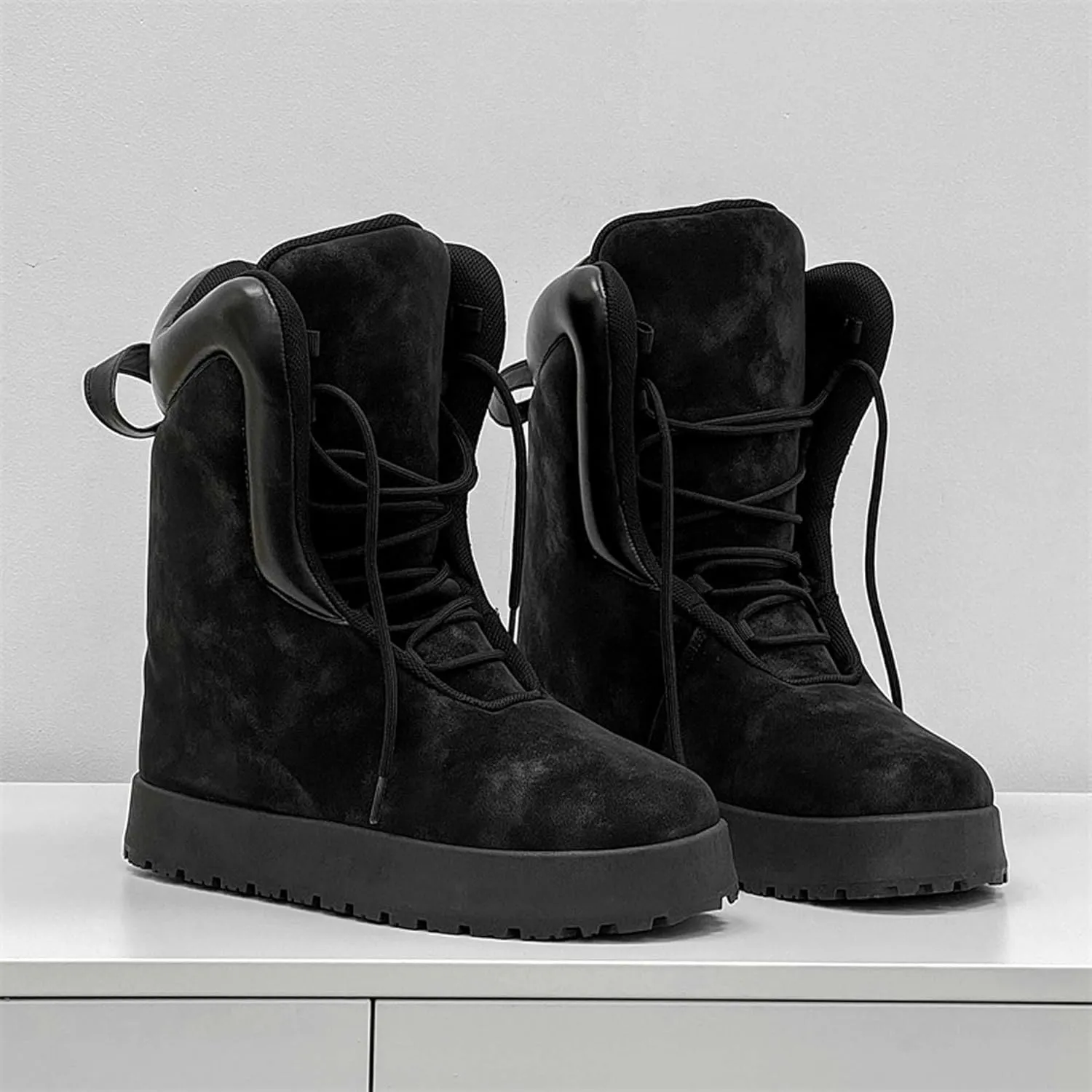 Men's Big Yellow Boots - Casual Snow Boots - Black Leather Lace-Up Platform Round Toe Boots - Winter