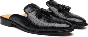 Mens Black Backless Loafers Genuine Leather Mules Shoes