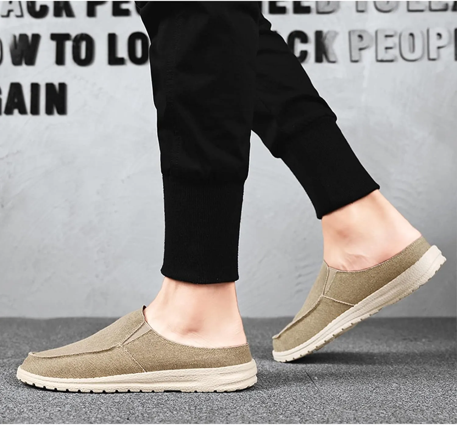 Men's Breathable Canvas Slip On Flats Mules Causal Lightweight Wide Width Walking Shoes Comfortable Slingback Mules & Clogs Indoor Outdoor